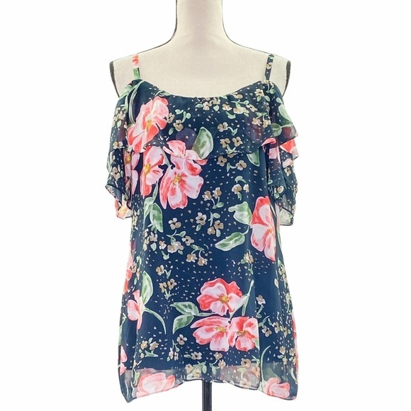 CABI Navy Blue Pink Floral Cold-Shoulder Ruffled Fairy Tale Chiffon Blouse - Picture 1 of 12
